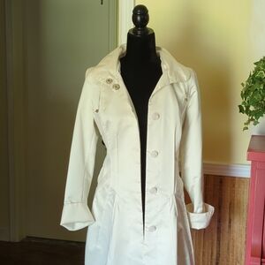 Elegant Cream Hoodie Fitted Waist Flared Hem Women's Trench Coat